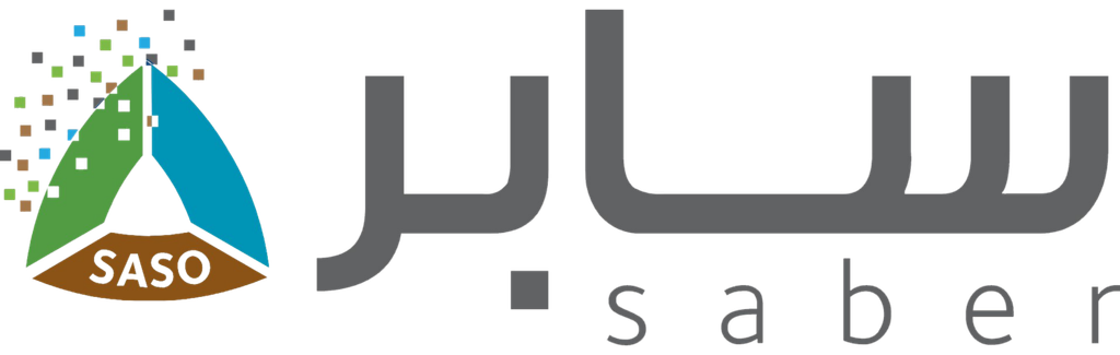 The official logos of SASO (Saudi Standards, Metrology and Quality Organization) with a green and blue triangular emblem, and SABER displayed in Arabic and English text.
