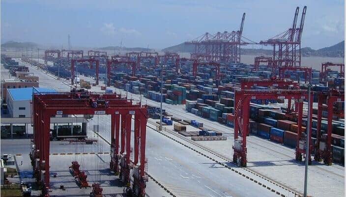 A wide view of a large container port with red gantry cranes and thousands of stacked shipping containers under a clear sky, representing freight forwarding from China to the UAE.